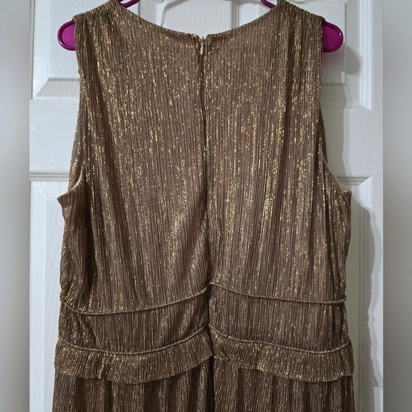 Taylor [Anthropologie] Gold Metallic Ruffle Stretch Waist Formal Midi Dress, EUC - Picture 9 of 13